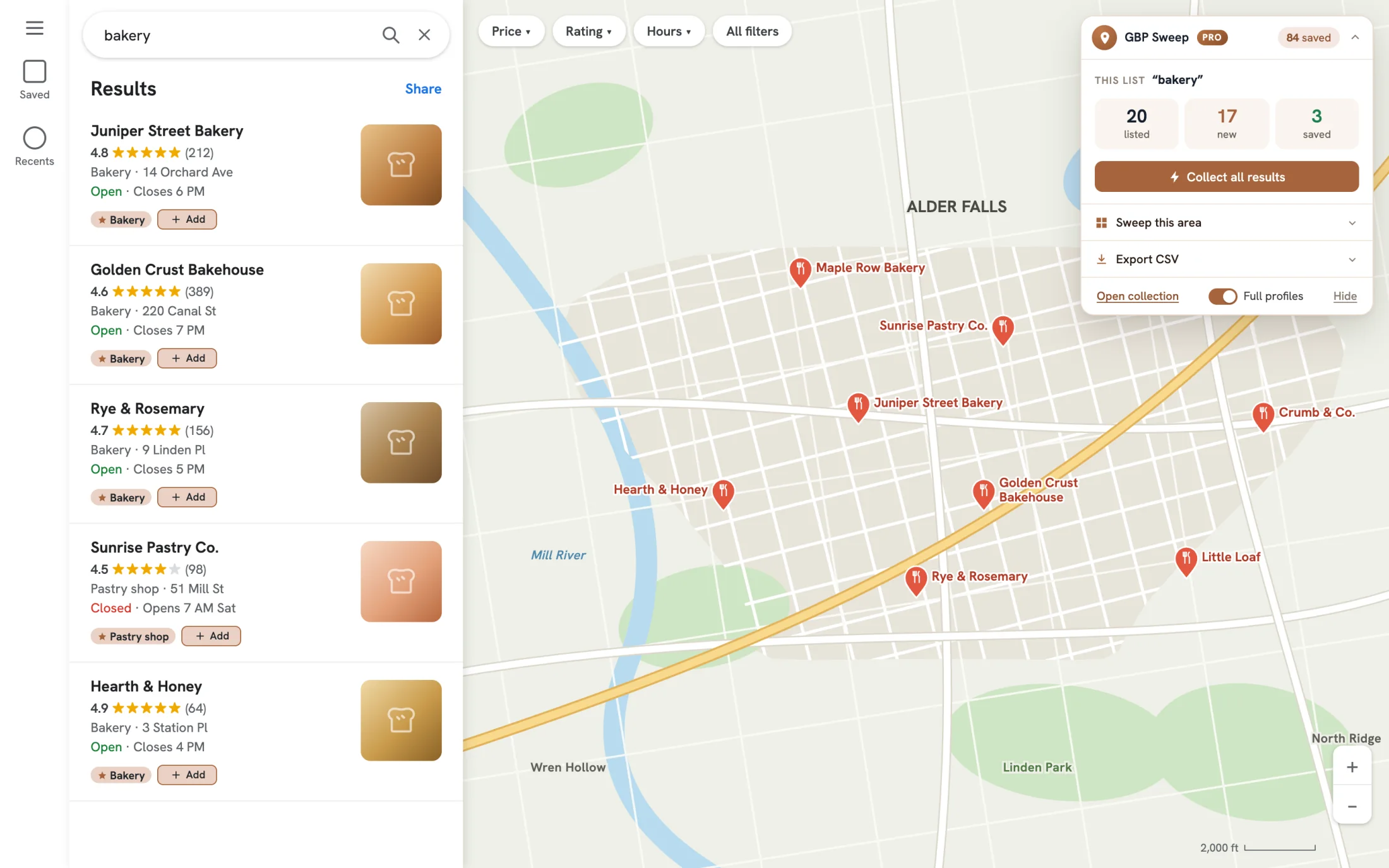 GBP Sweep collecting Google Maps business results with individual Add buttons and Collect all results.